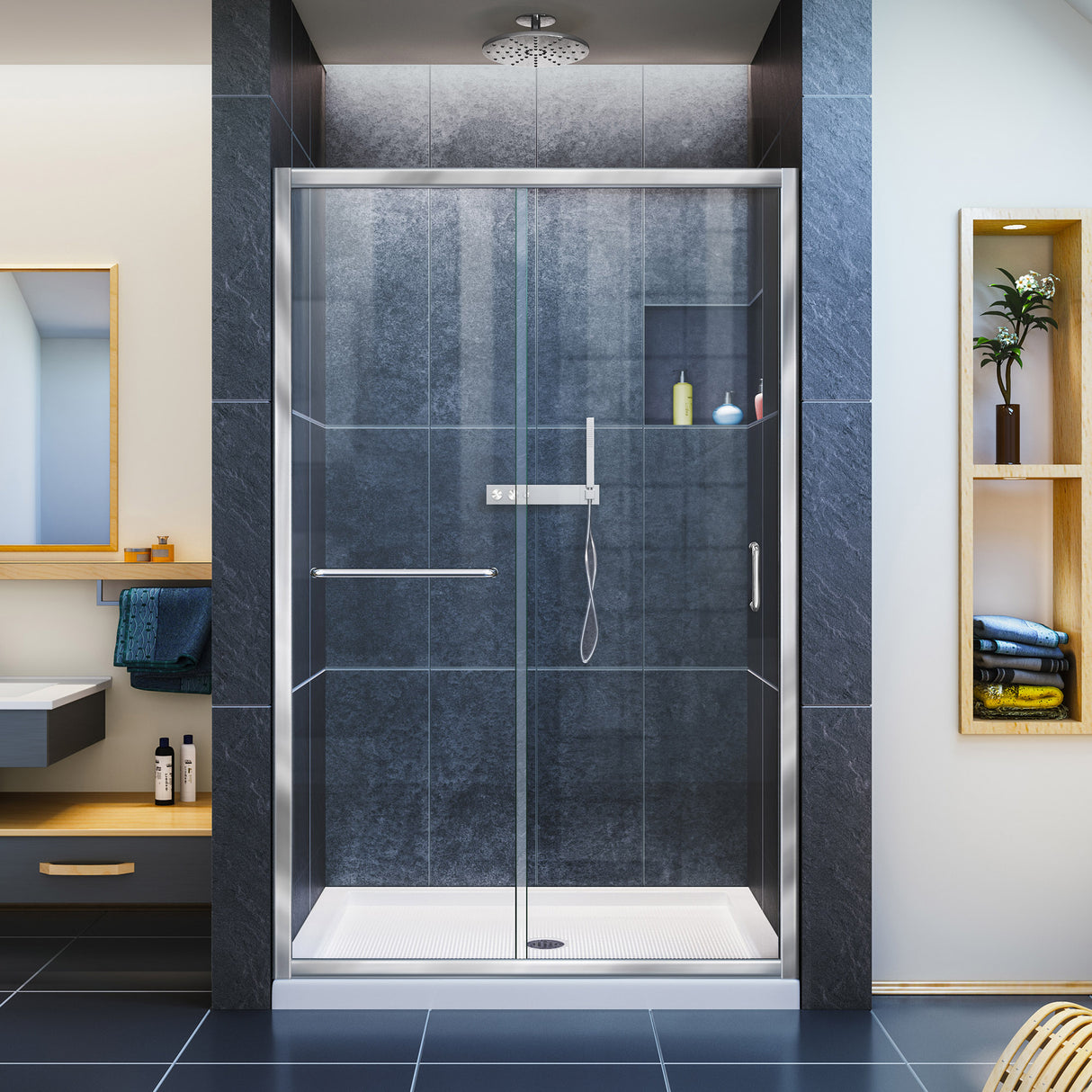 DreamLine Infinity-Z 36 in. D x 48 in. W x 74 3/4 in. H Clear Sliding Shower Door in Chrome and Center Drain White Base