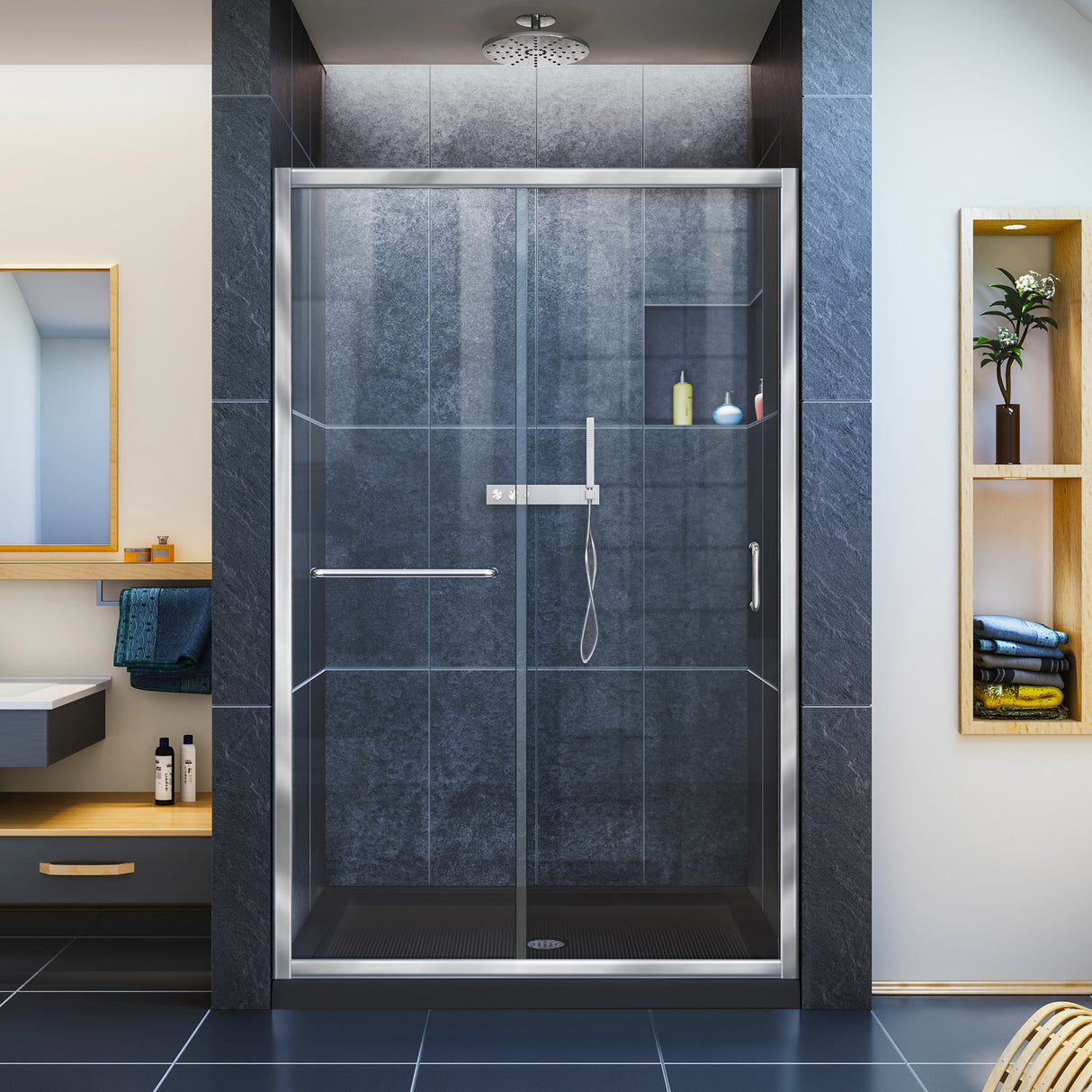 DreamLine Infinity-Z 36 in. D x 48 in. W x 74 3/4 in. H Clear Sliding Shower Door in Chrome and Center Drain Black Base