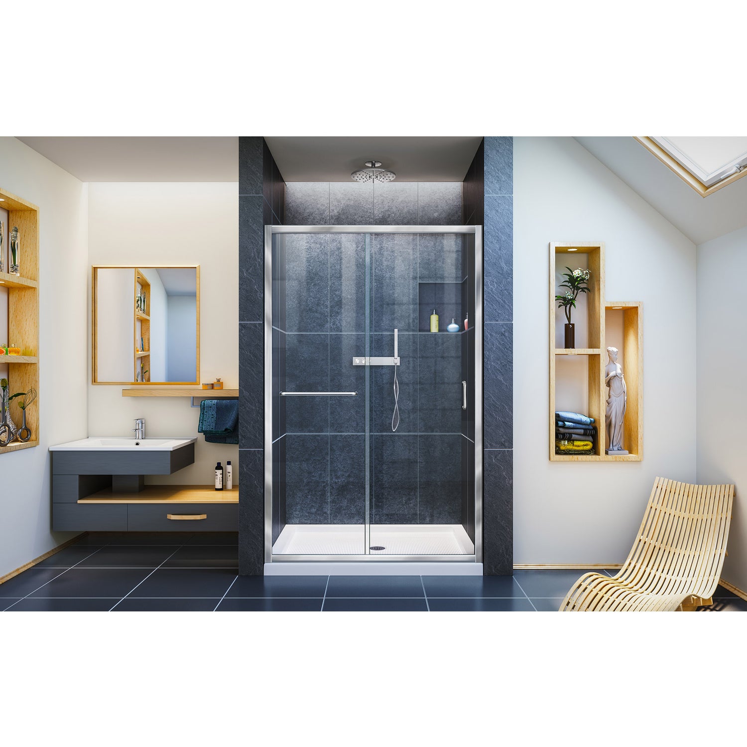 DreamLine Infinity-Z 36 in. D x 48 in. W x 74 3/4 in. H Clear Sliding Shower Door in Chrome and Center Drain White Base