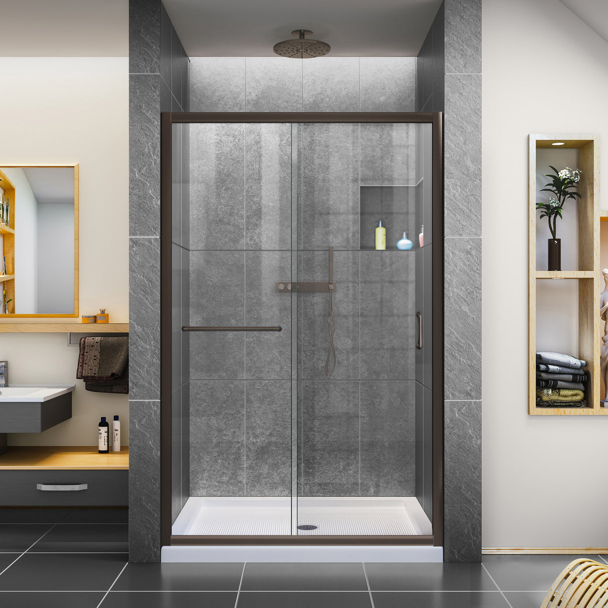 DreamLine Infinity-Z 36 in. D x 48 in. W x 74 3/4 in. H Clear Sliding Shower Door in Oil Rubbed Bronze and Center Drain White Base