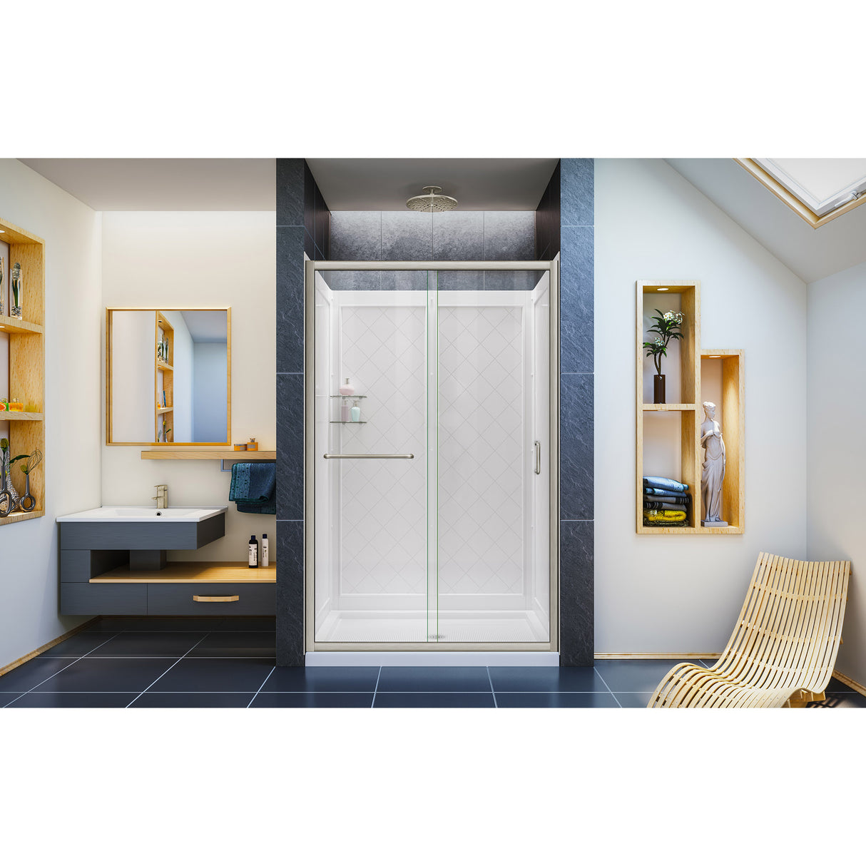 DreamLine Infinity-Z 36 in. D x 48 in. W x 76 3/4 in. H Clear Sliding Shower Door in Brushed Nickel, Center Drain and Wall Kit