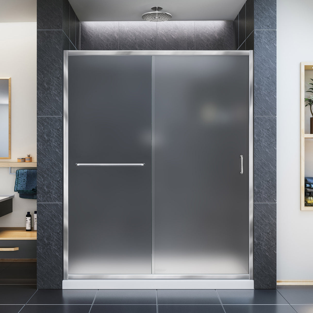 DreamLine Infinity-Z 30 in. D x 60 in. W x 74 3/4 in. H Frosted Sliding Shower Door in Chrome and Center Drain White Base