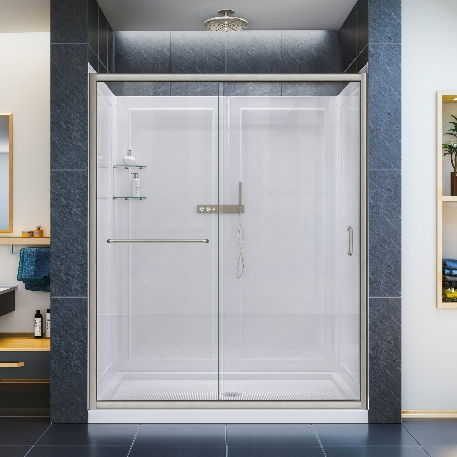 DreamLine Infinity-Z 36 in. D x 60 in. W x 76 3/4 in. H Clear Sliding Shower Door in Brushed Nickel, Center Drain and Wall Kit