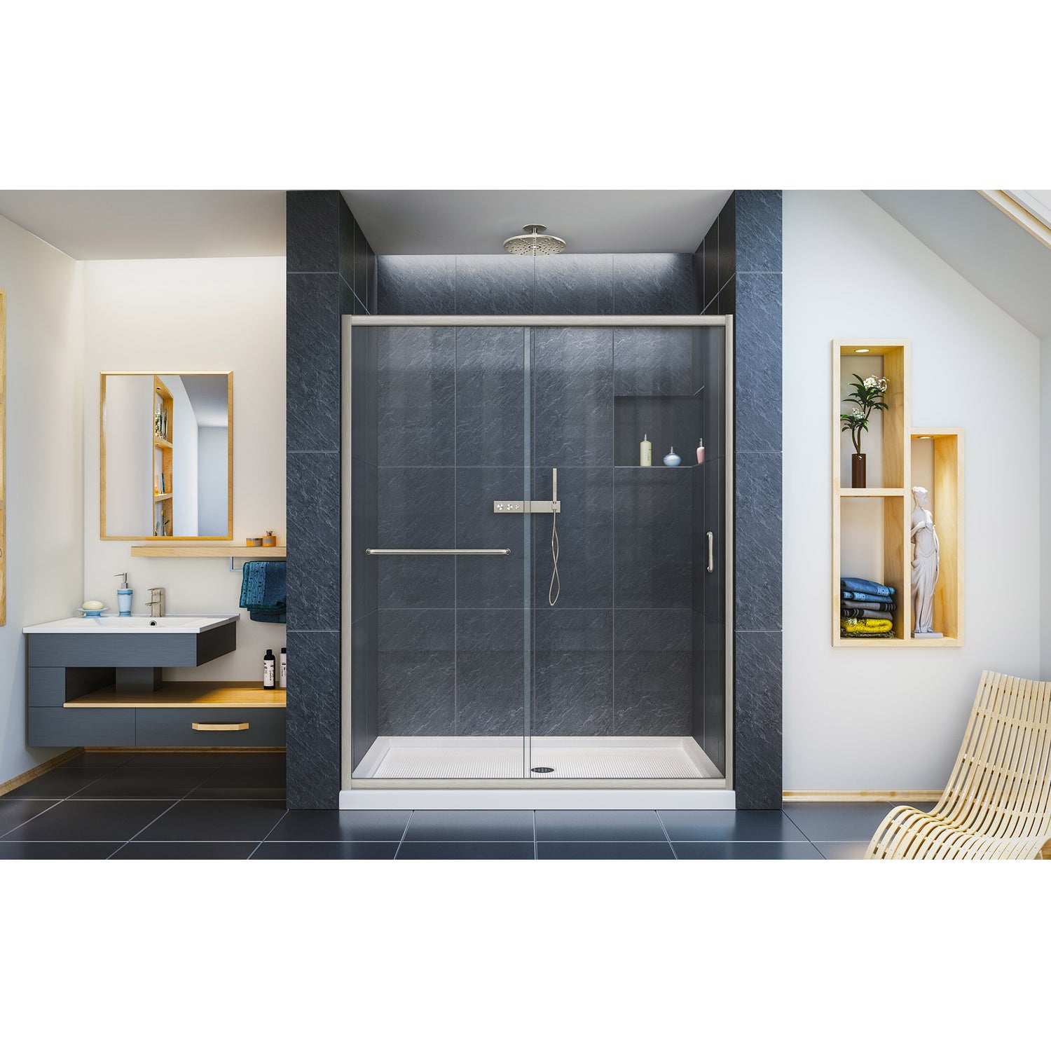 DreamLine Infinity-Z 36 in. D x 60 in. W x 74 3/4 in. H Clear Sliding Shower Door in Brushed Nickel and Center Drain White Base