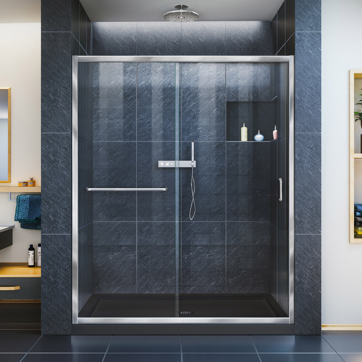 DreamLine Infinity-Z 32 in. D x 60 in. W x 74 3/4 in. H Clear Sliding Shower Door in Chrome and Center Drain Black Base