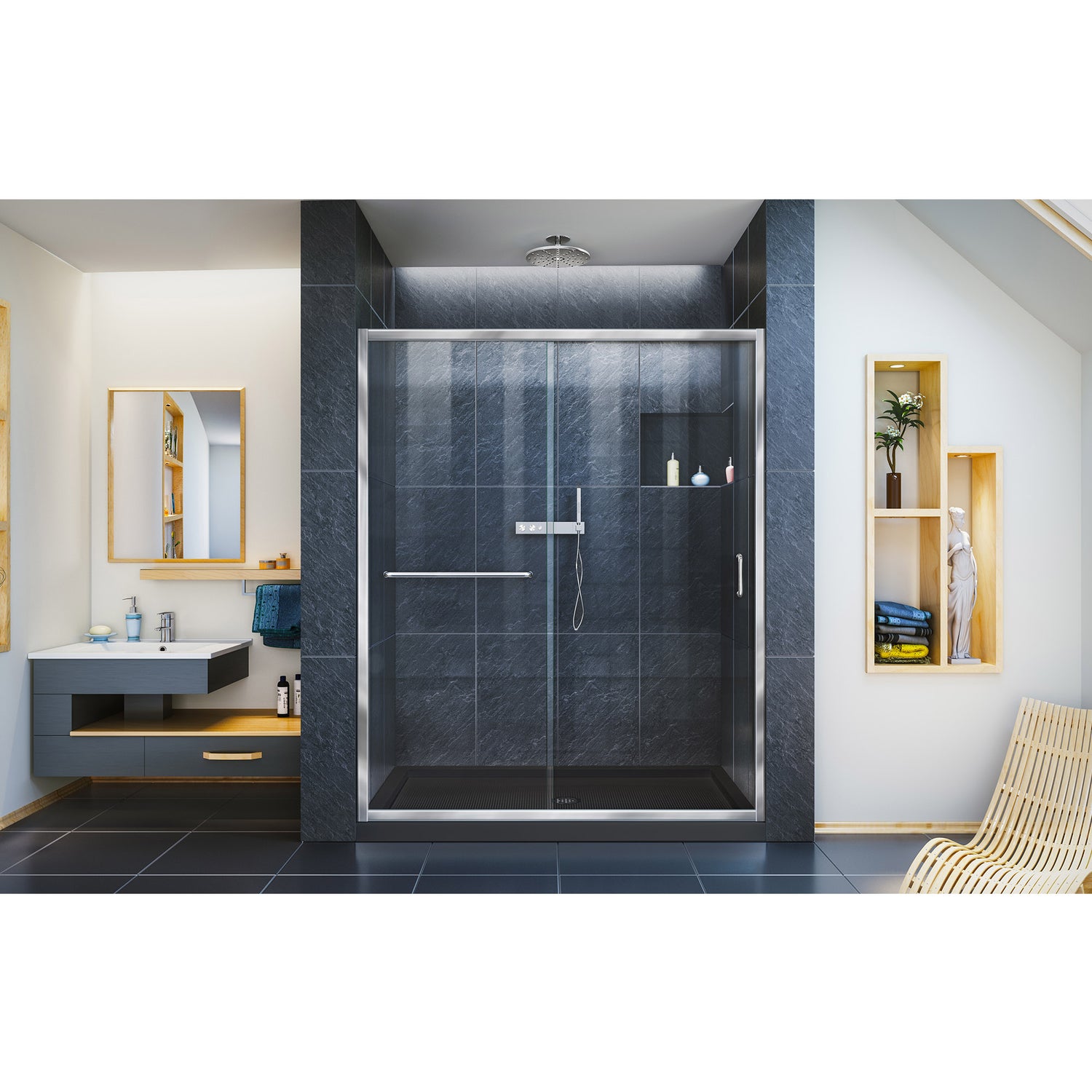 DreamLine Infinity-Z 32 in. D x 60 in. W x 74 3/4 in. H Clear Sliding Shower Door in Chrome and Center Drain Black Base