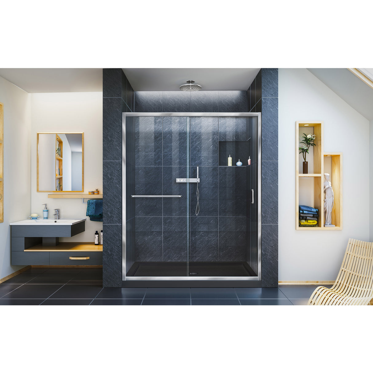 DreamLine Infinity-Z 32 in. D x 54 in. W x 74 3/4 in. H Clear Sliding Shower Door in Chrome and Center Drain Black Base