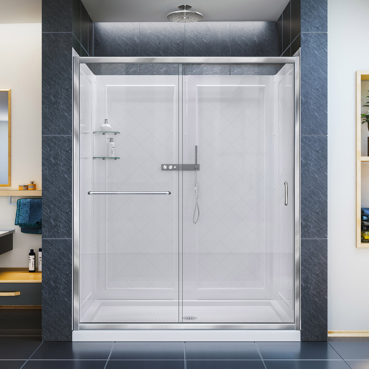 DreamLine Infinity-Z 36 in. D x 60 in. W x 76 3/4 in. H Clear Sliding Shower Door in Chrome, Center Drain Base and Wall Kit
