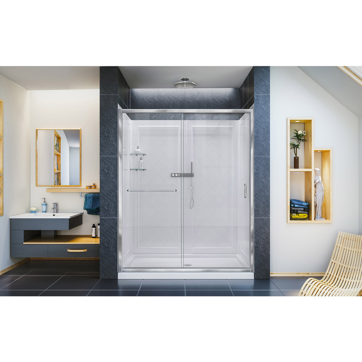DreamLine Infinity-Z 36 in. D x 60 in. W x 76 3/4 in. H Clear Sliding Shower Door in Chrome, Center Drain Base and Wall Kit