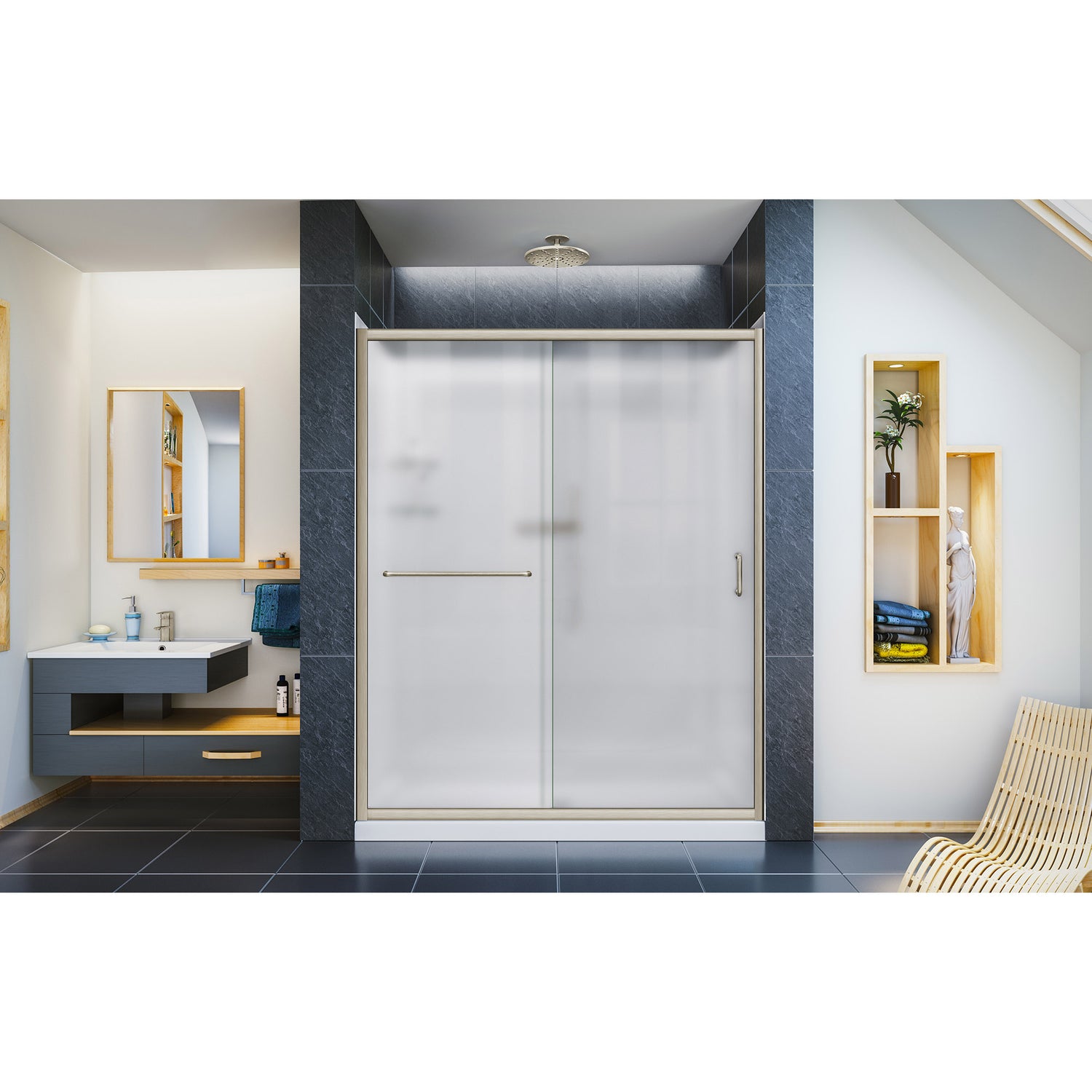 DreamLine Infinity-Z 32 in. D x 60 in. W x 76 3/4 in. H Frosted Sliding Shower Door in Brushed Nickel, Center Drain Base, Wall Kit