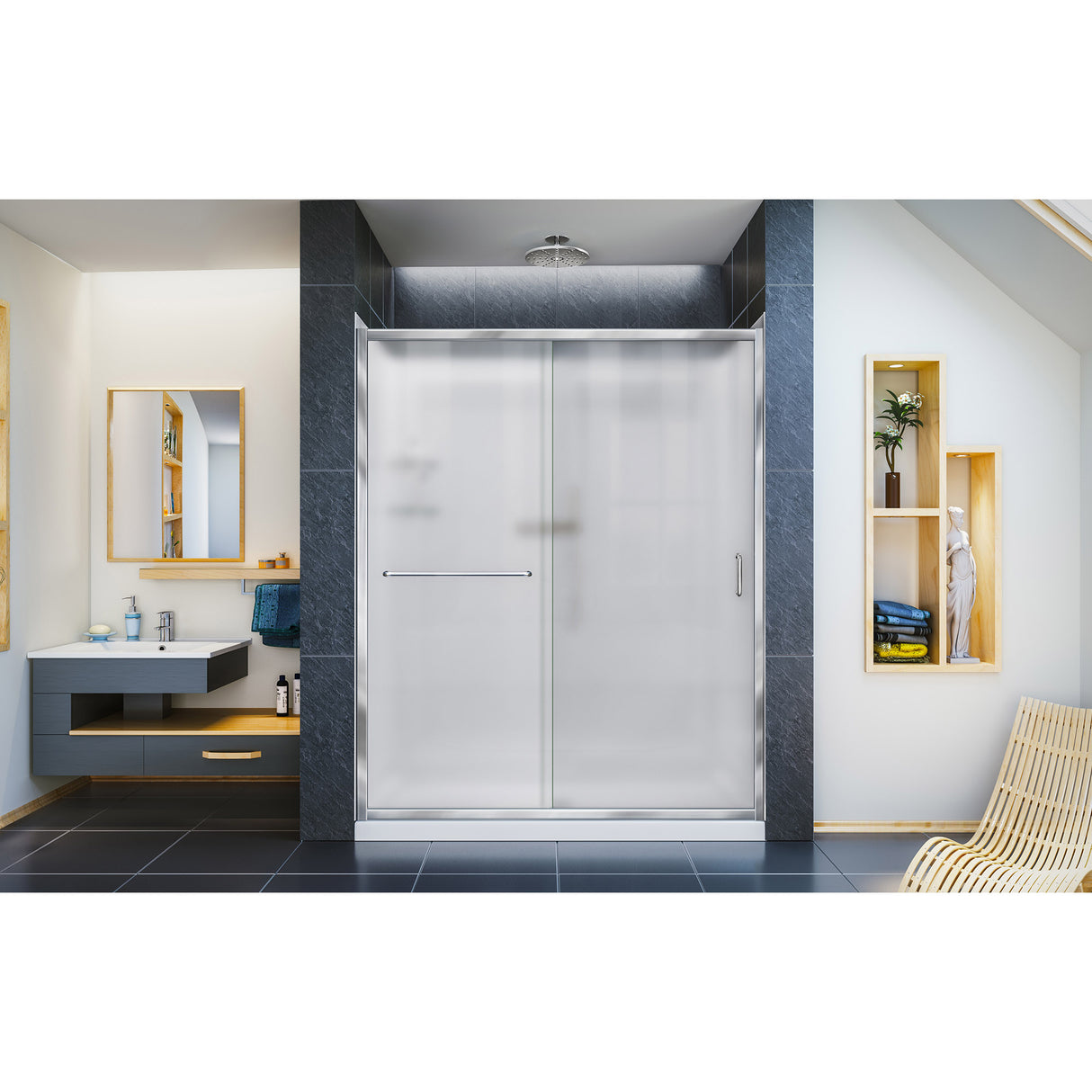 DreamLine Infinity-Z 32 in. D x 60 in. W x 76 3/4 in. H Frosted Sliding Shower Door in Chrome, Left Drain Base and Wall Kit