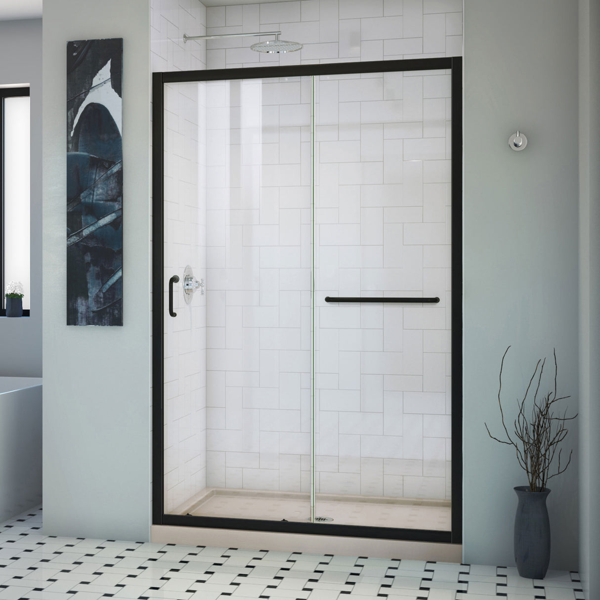 DreamLine Infinity-Z 36 in. D x 48 in. W x 74 3/4 in. H Clear Sliding Shower Door in Satin Black and Center Drain Biscuit Base