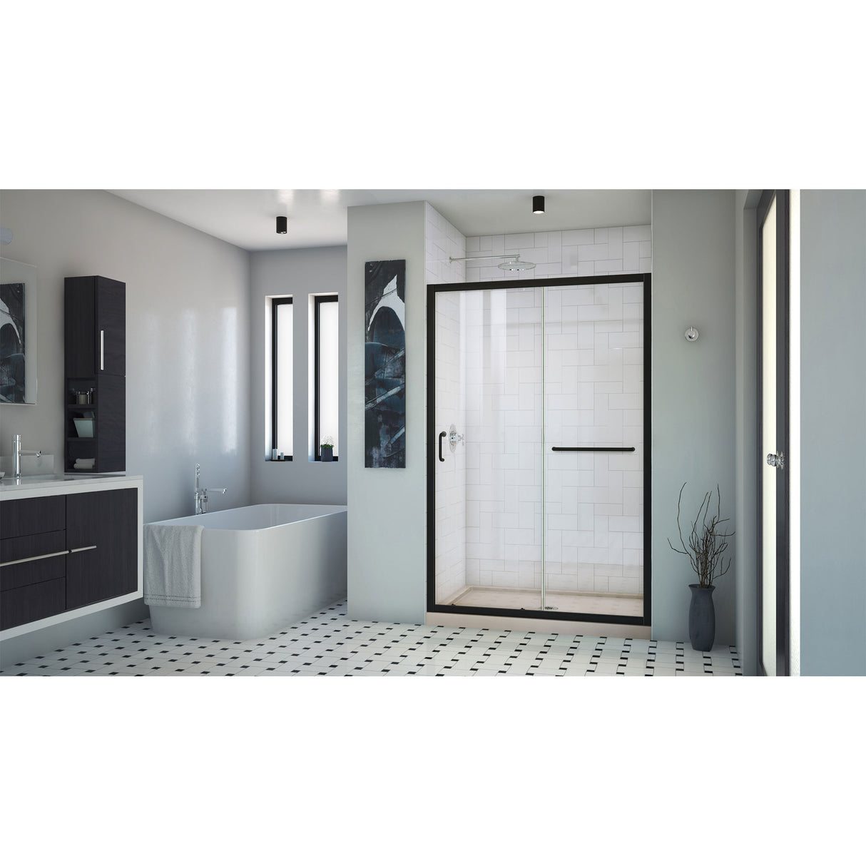 DreamLine Infinity-Z 36 in. D x 48 in. W x 74 3/4 in. H Clear Sliding Shower Door in Satin Black and Center Drain Biscuit Base