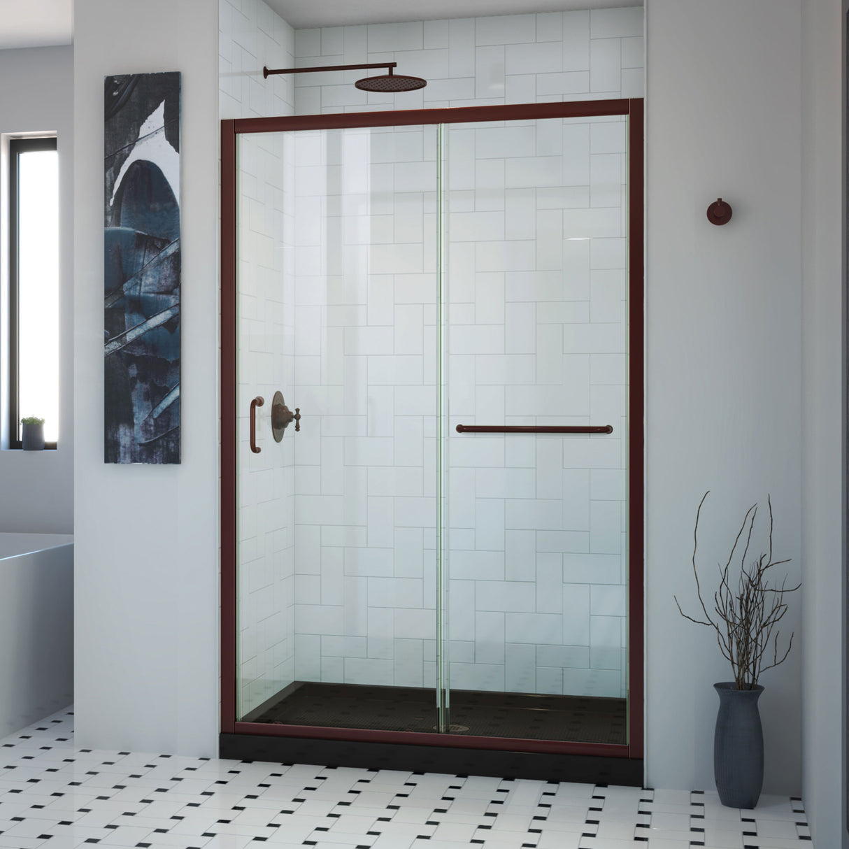 DreamLine Infinity-Z 32 in. D x 54 in. W x 74 3/4 in. H Clear Sliding Shower Door in Oil Rubbed Bronze and Center Drain Black Base