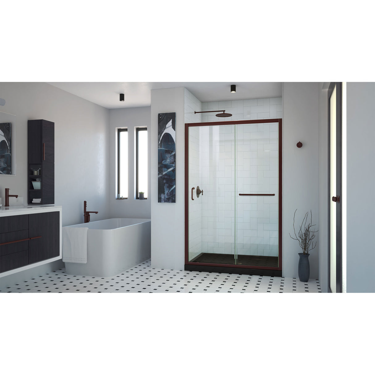 DreamLine Infinity-Z 32 in. D x 54 in. W x 74 3/4 in. H Clear Sliding Shower Door in Oil Rubbed Bronze and Center Drain Black Base