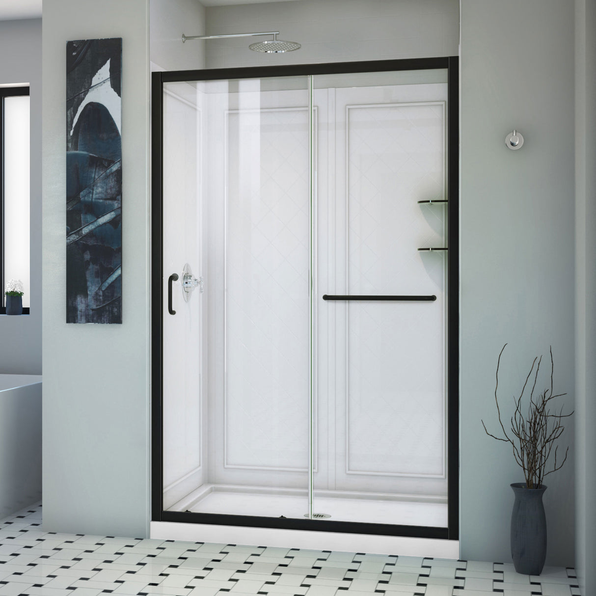 DreamLine Infinity-Z 36 in. D x 48 in. W x 76 3/4 in. H Clear Sliding Shower Door in Satin Black, Center Drain Base, Wall Kit