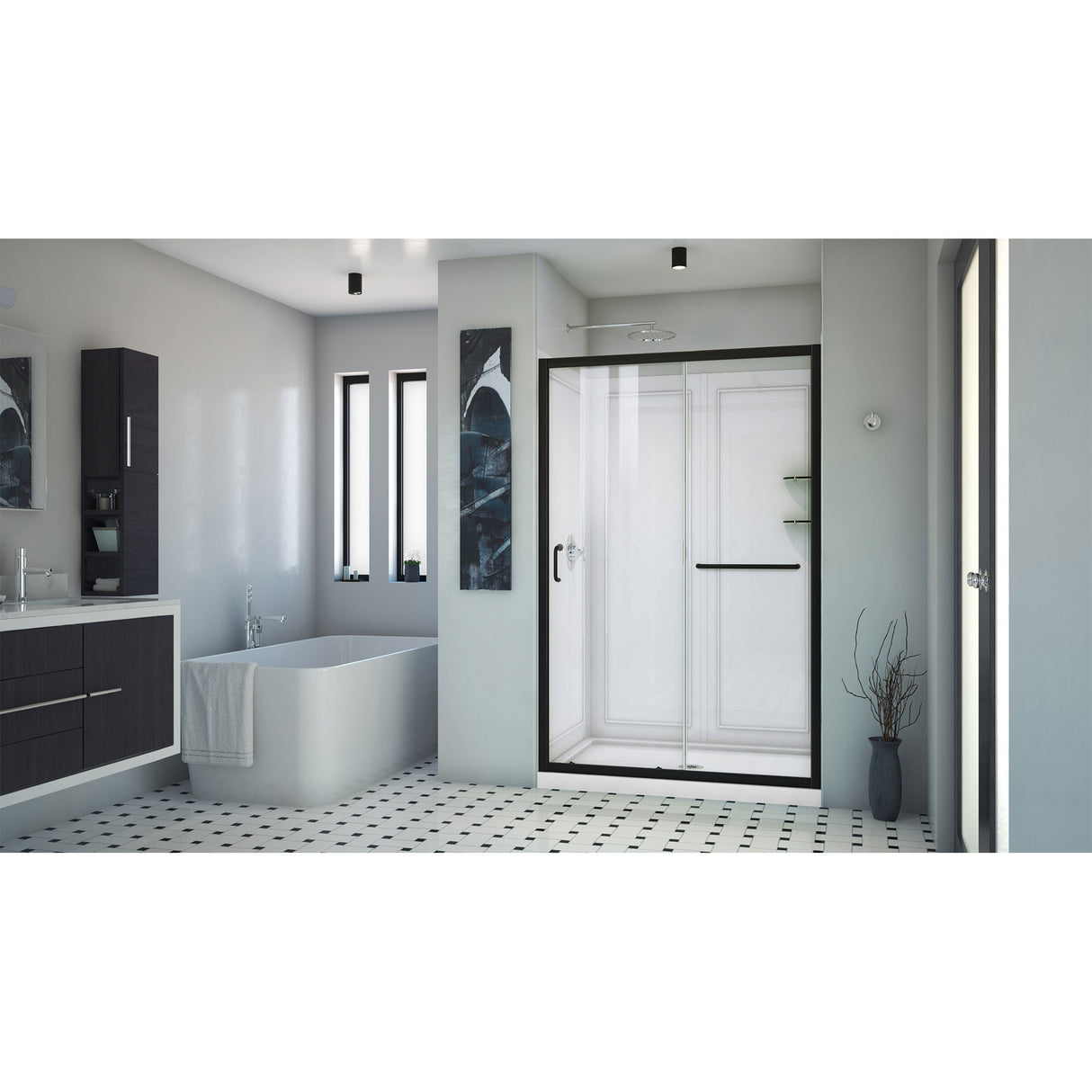 DreamLine Infinity-Z 36 in. D x 48 in. W x 76 3/4 in. H Clear Sliding Shower Door in Satin Black, Center Drain Base, Wall Kit