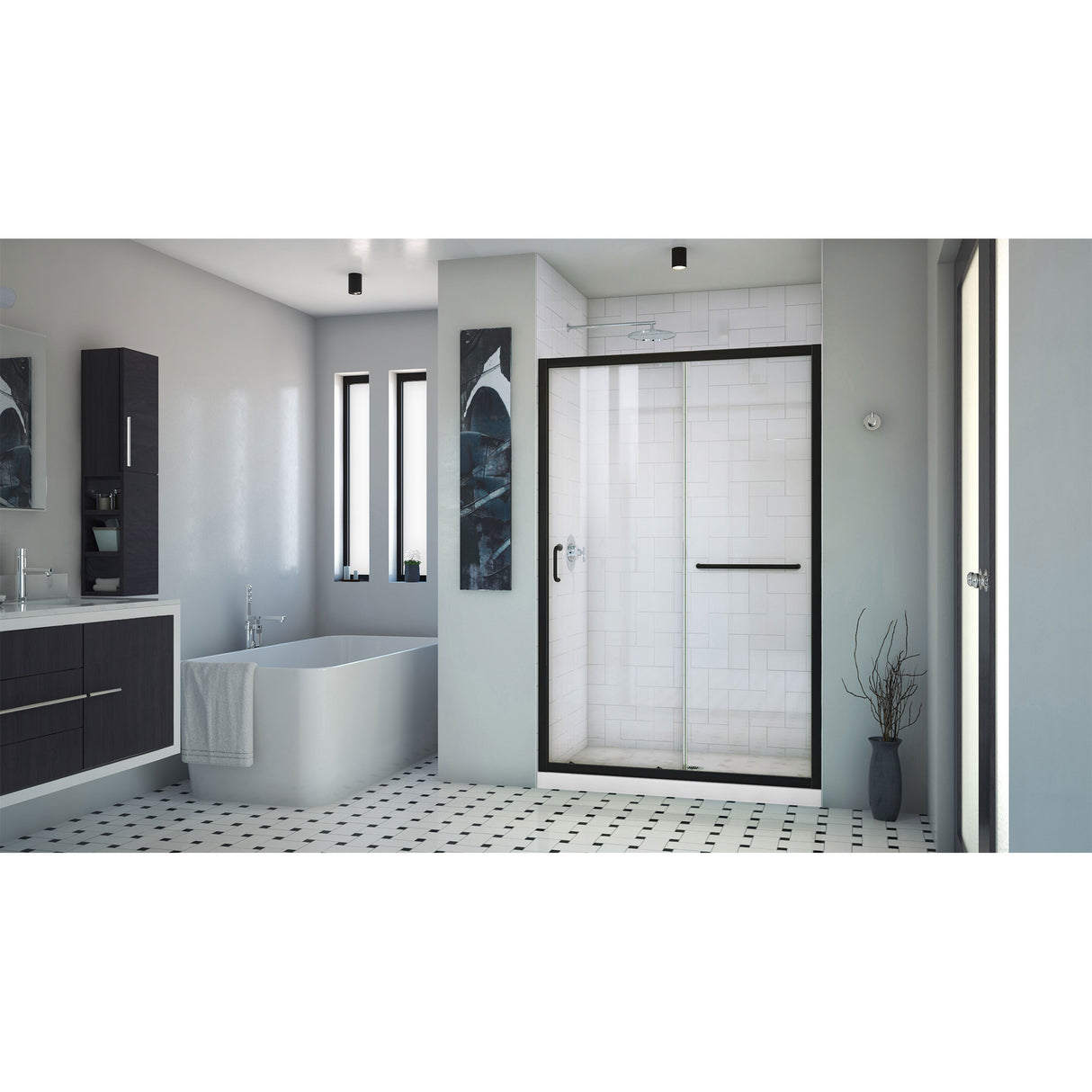 DreamLine Infinity-Z 36 in. D x 48 in. W x 74 3/4 in. H Clear Sliding Shower Door in Satin Black and Center Drain White Base