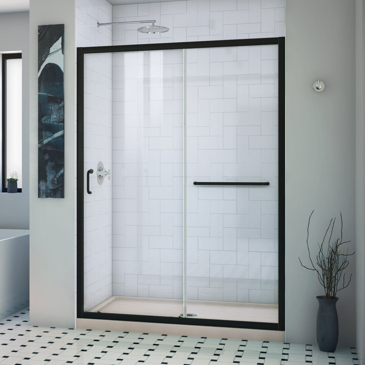 DreamLine Infinity-Z 32 in. D x 54 in. W x 74 3/4 in. H Clear Sliding Shower Door in Satin Black and Center Drain Biscuit Base