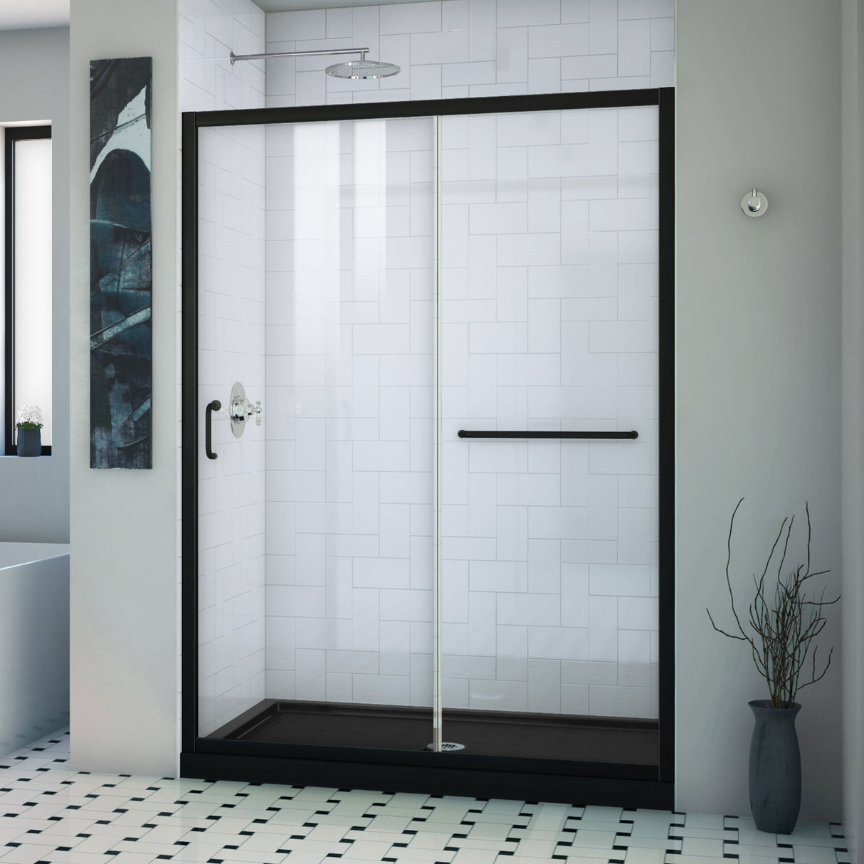 DreamLine Infinity-Z 32 in. D x 54 in. W x 74 3/4 in. H Clear Sliding Shower Door in Satin Black and Center Drain Black Base