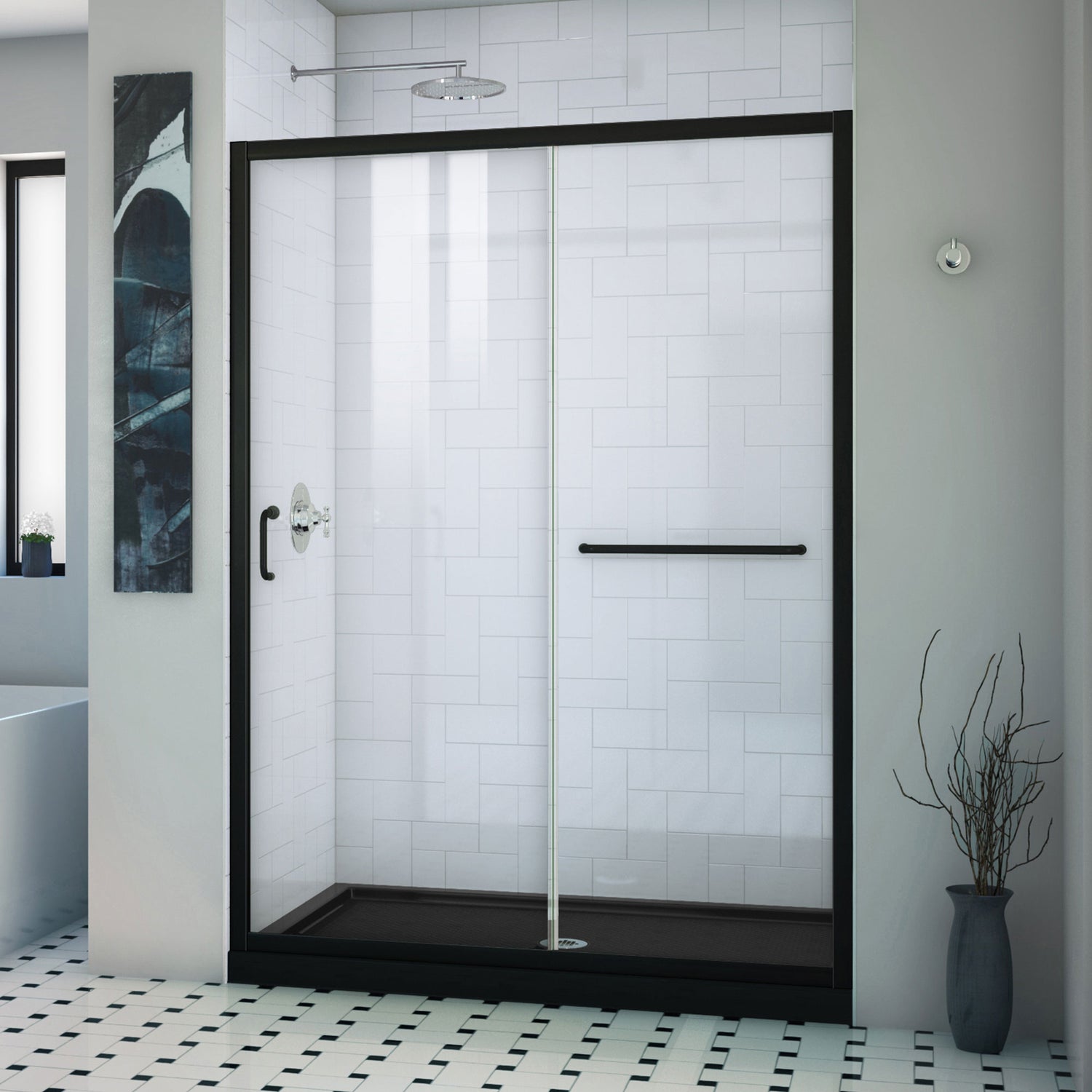 DreamLine Infinity-Z 32 in. D x 54 in. W x 74 3/4 in. H Clear Sliding Shower Door in Satin Black and Center Drain Black Base