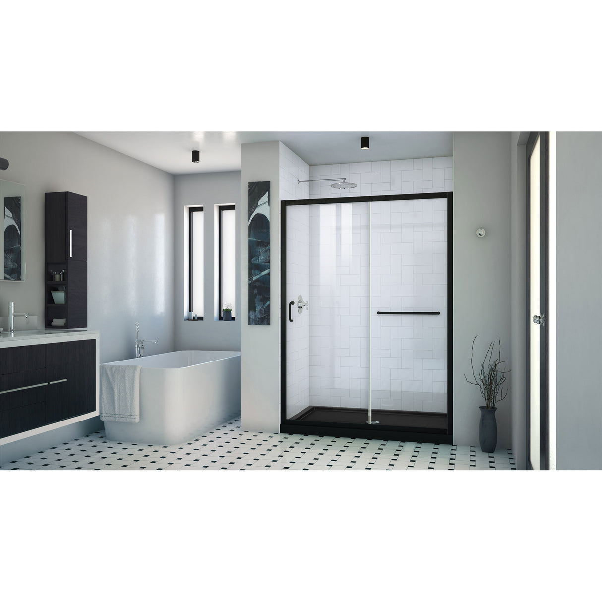 DreamLine Infinity-Z 32 in. D x 54 in. W x 74 3/4 in. H Clear Sliding Shower Door in Satin Black and Center Drain Black Base
