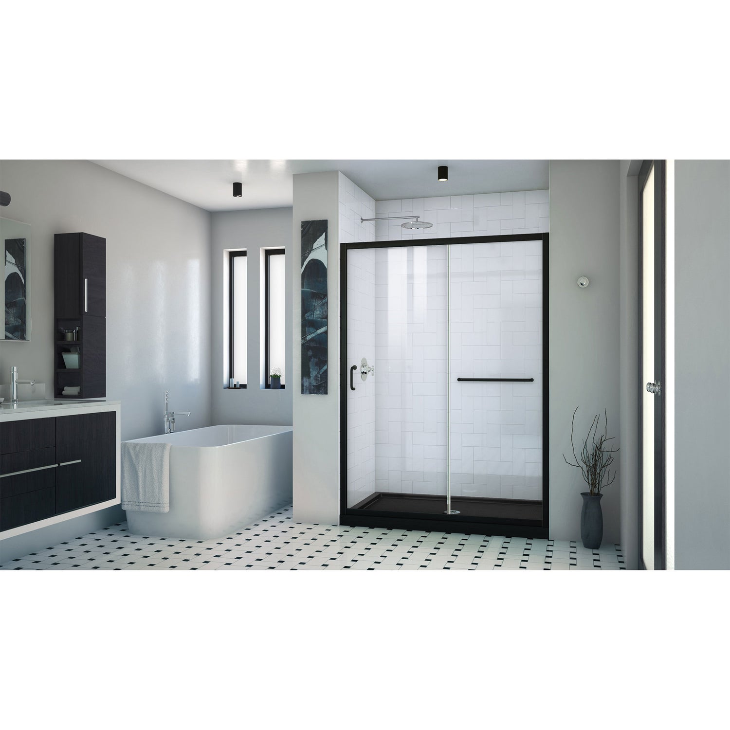 DreamLine Infinity-Z 32 in. D x 54 in. W x 74 3/4 in. H Clear Sliding Shower Door in Satin Black and Center Drain Black Base