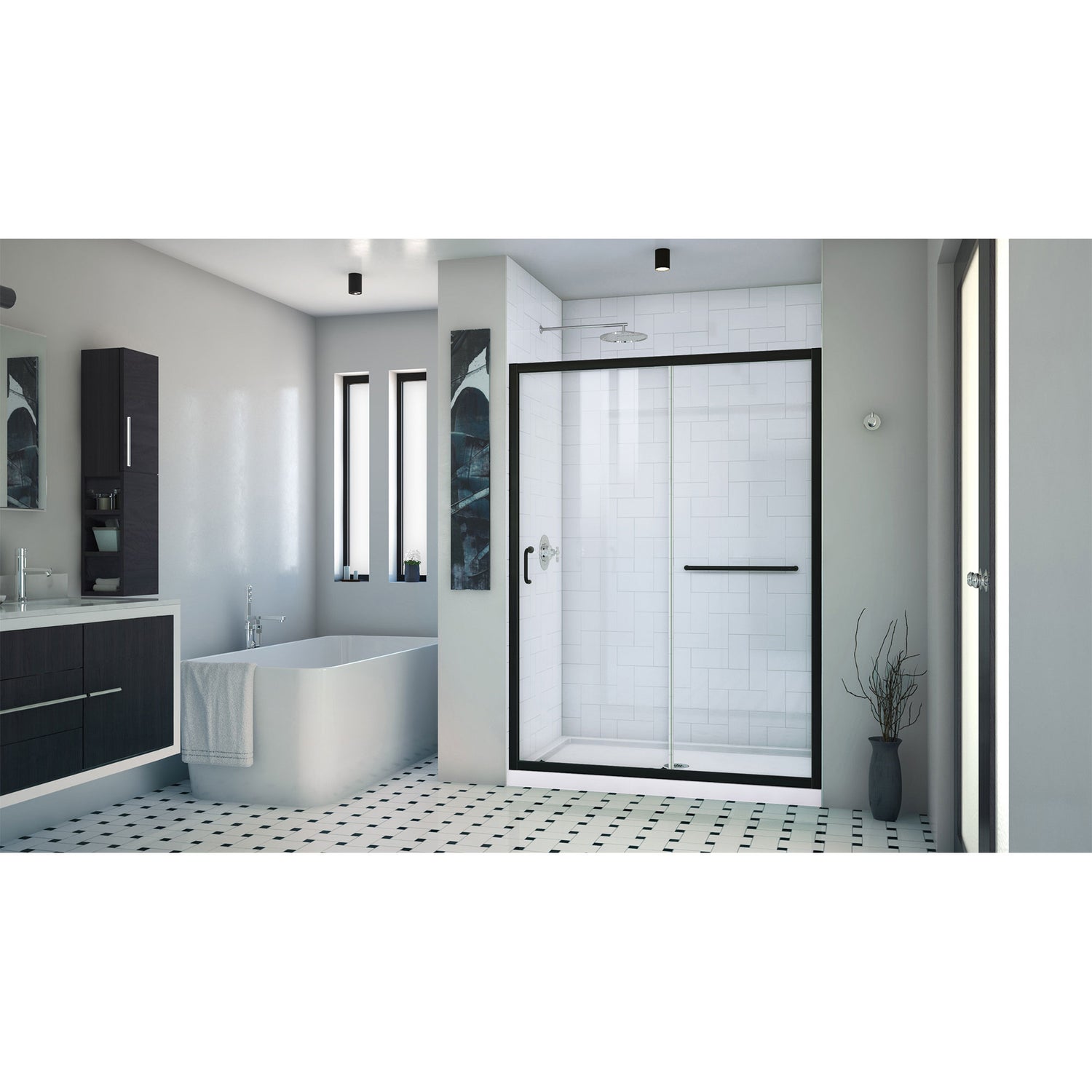DreamLine Infinity-Z 32 in. D x 54 in. W x 74 3/4 in. H Clear Sliding Shower Door in Satin Black and Center Drain White Base