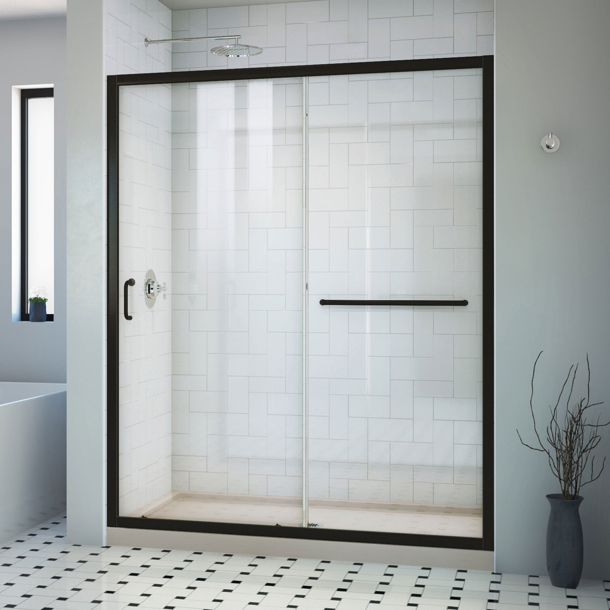 DreamLine Infinity-Z 34 in. D x 60 in. W x 74 3/4 in. H Clear Sliding Shower Door in Satin Black, Center Drain Biscuit Base