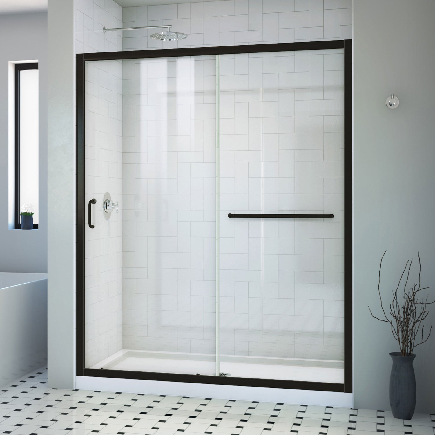 DreamLine Infinity-Z 30 in. D x 60 in. W x 74 3/4 in. H Clear Sliding Shower Door in Satin Black, Center Drain White Base