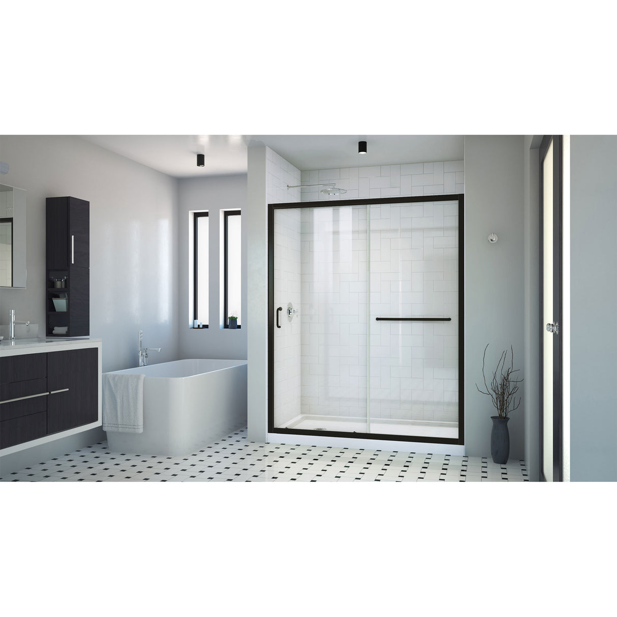 DreamLine Infinity-Z 36 in. D x 60 in. W x 74 3/4 in. H Clear Sliding Shower Door in Satin Black, Left Drain White Base