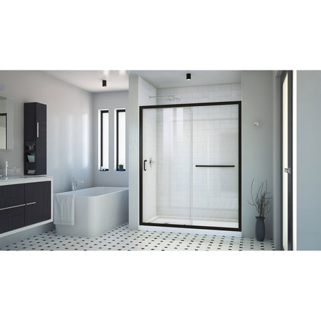 DreamLine Infinity-Z 32 in. D x 60 in. W x 74 3/4 in. H Clear Sliding Shower Door in Satin Black, Left Drain White Base