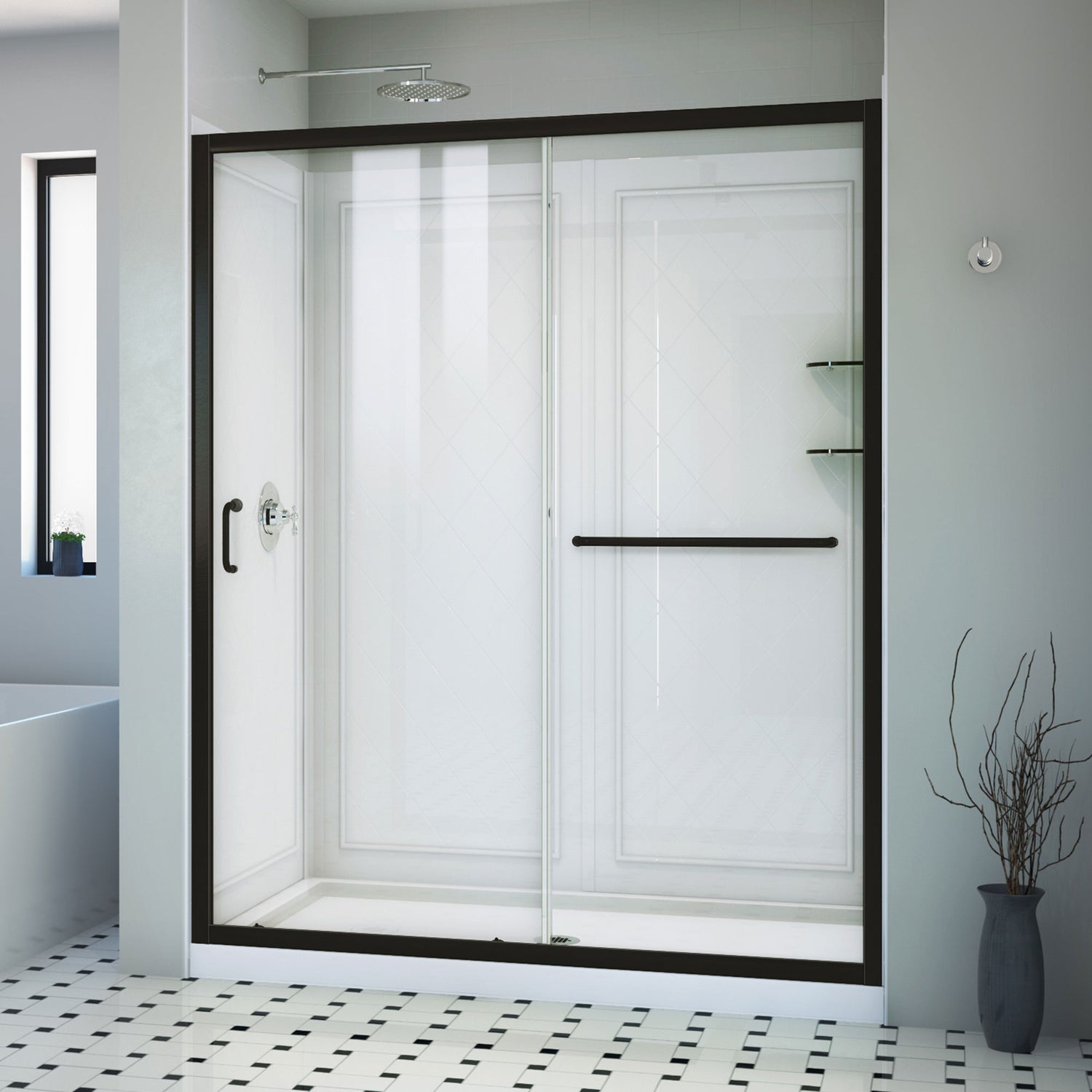 DreamLine Infinity-Z 34 in. D x 60 in. W x 76 3/4 in. H Clear Sliding Shower Door in Satin Black, Center Drain and Wall Kit