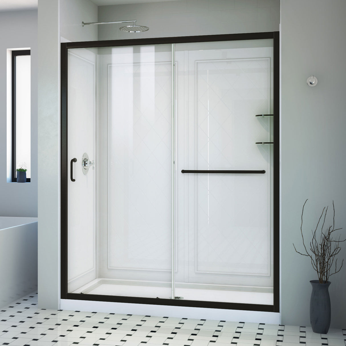 DreamLine Infinity-Z 32 in. D x 60 in. W x 76 3/4 in. H Clear Sliding Shower Door in Satin Black, Center Drain and Wall Kit