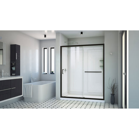 DreamLine Infinity-Z 34 in. D x 60 in. W x 76 3/4 in. H Clear Sliding Shower Door in Satin Black, Center Drain and Wall Kit