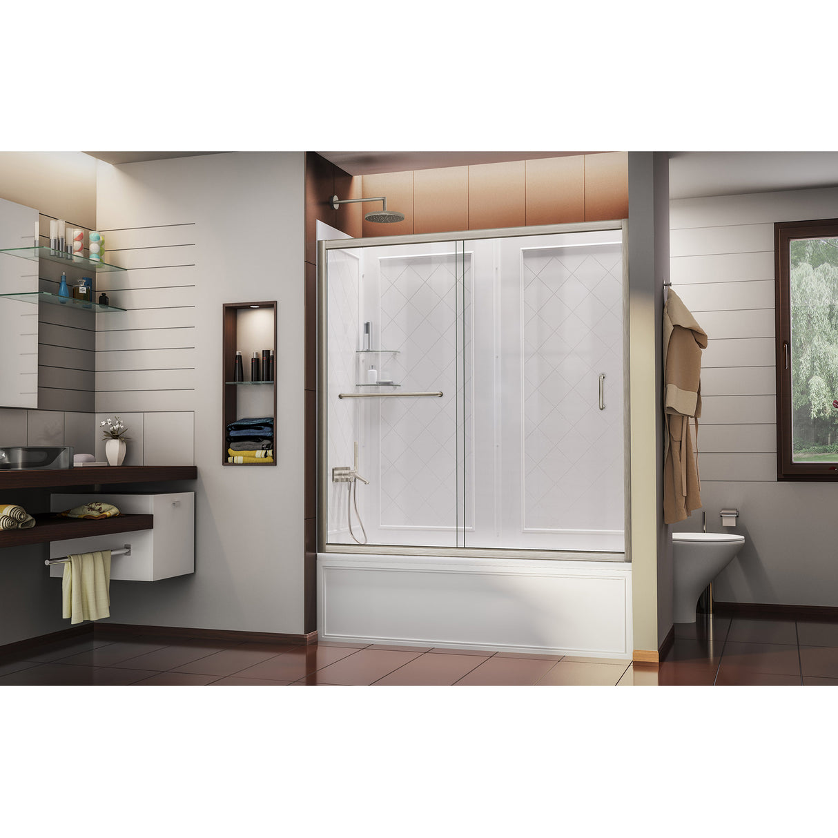 DreamLine Infinity-Z 56-60 in. W x 60 in. H Clear Sliding Tub Door in Brushed Nickel with White Acrylic Wall Kit