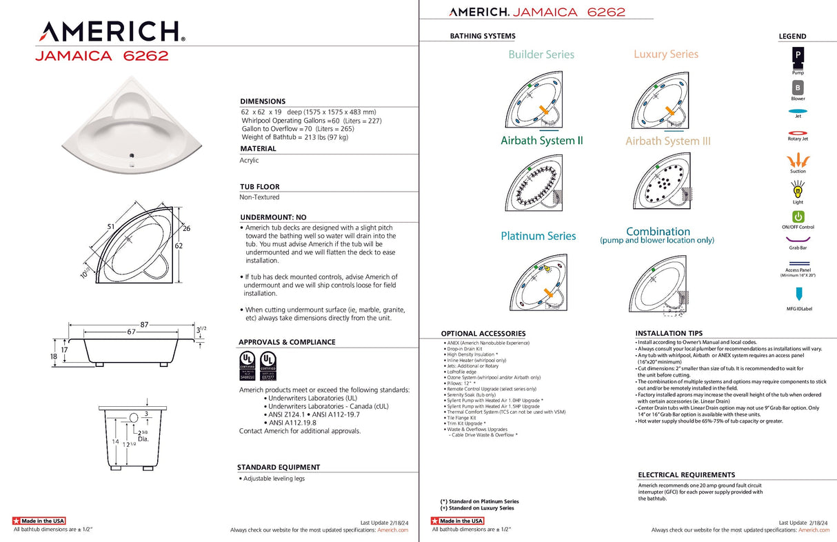 Americh JA6262TA2-WH Jamaica 6262 - Tub Only / Airbath 2 - White