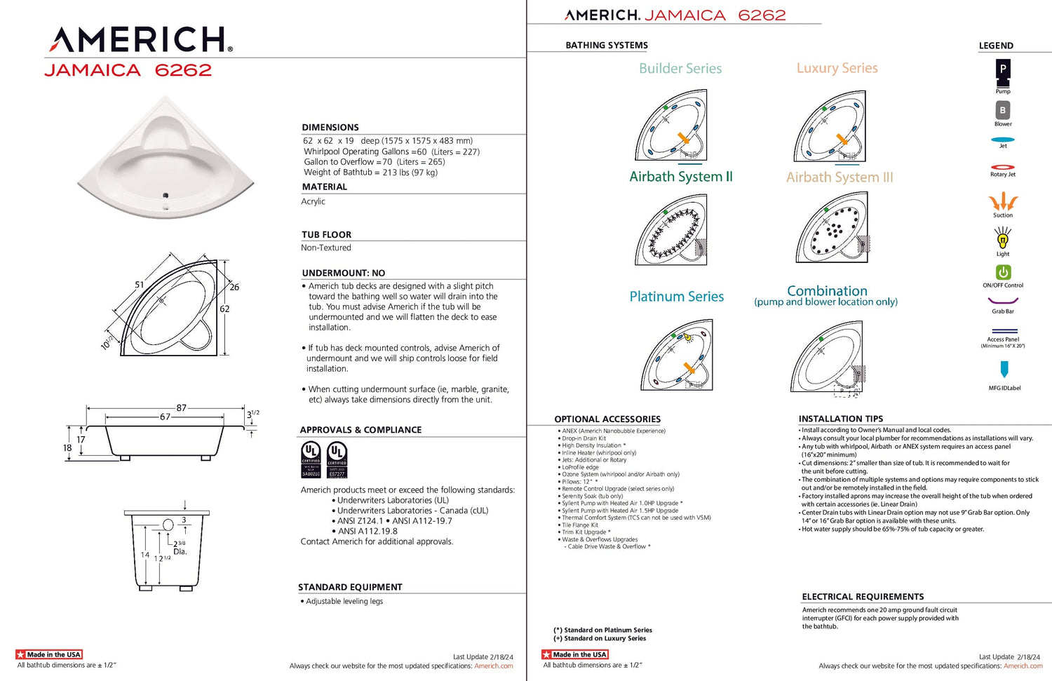 Americh JA6262TA2-WH Jamaica 6262 - Tub Only / Airbath 2 - White