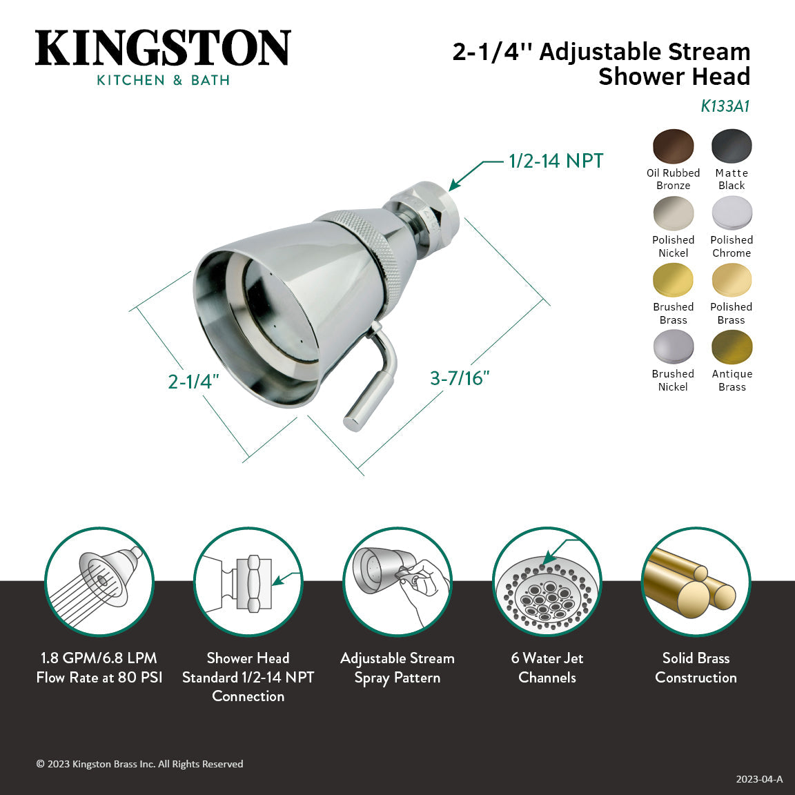 Shower Scape K133A6 2-1/4 Inch Brass Adjustable Shower Head, Polished Nickel