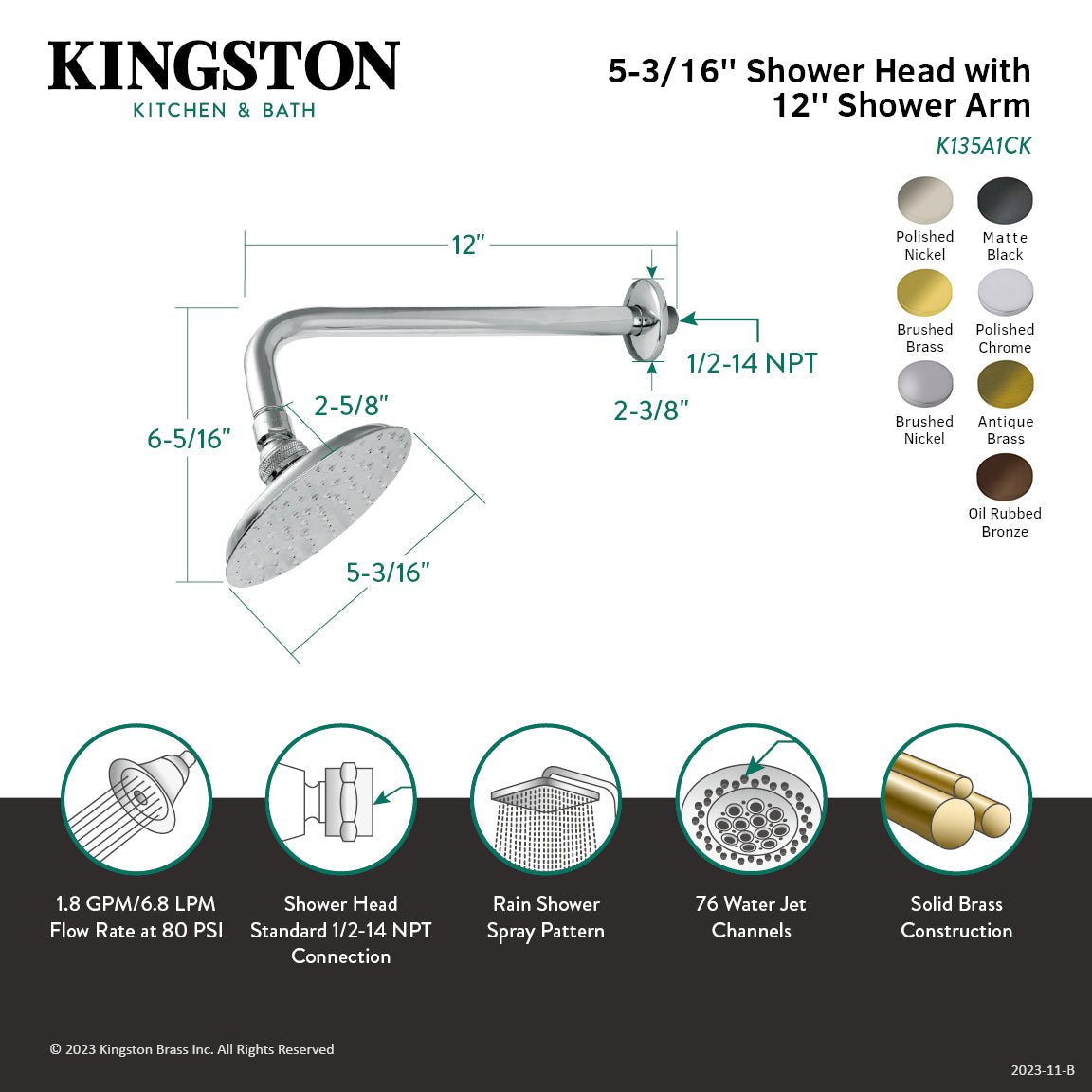 Victorian K135A1CK 5-1/4 Inch Brass Shower Head with 12-Inch Shower Arm, Polished Chrome
