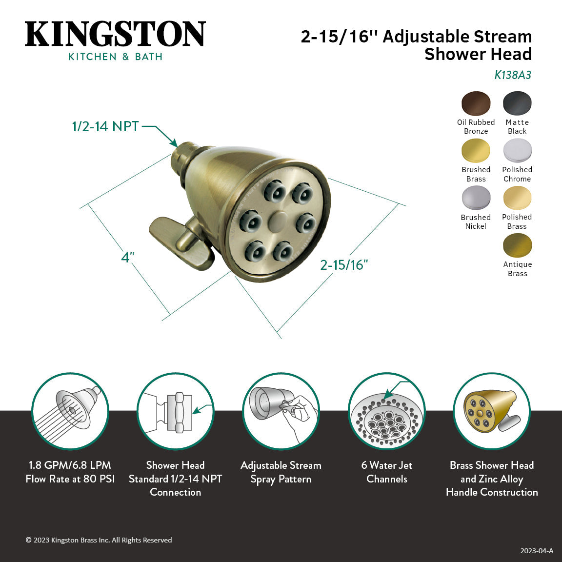 Shower Scape K138A2 3-Inch Brass Adjustable Shower Head, Polished Brass