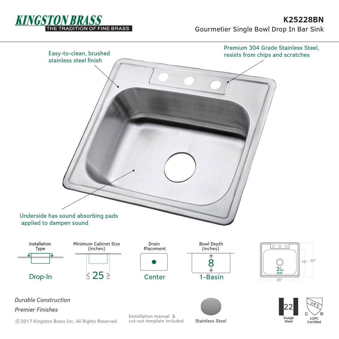 Carefree K25228BN 25-Inch Stainless Steel Self-Rimming 3-Hole Single Bowl Drop-In Kitchen Sink, Brushed