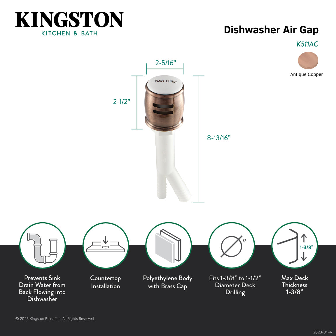 Heritage K511AC Dishwasher Air Gap, Antique Copper