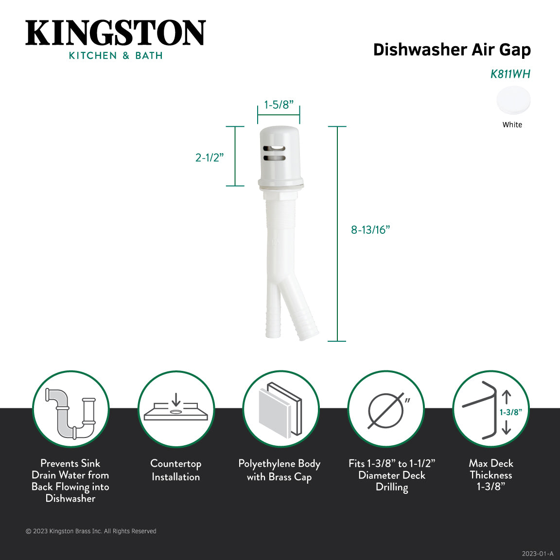 Trimscape K811WH Dishwasher Air Gap with Brass Cover, White