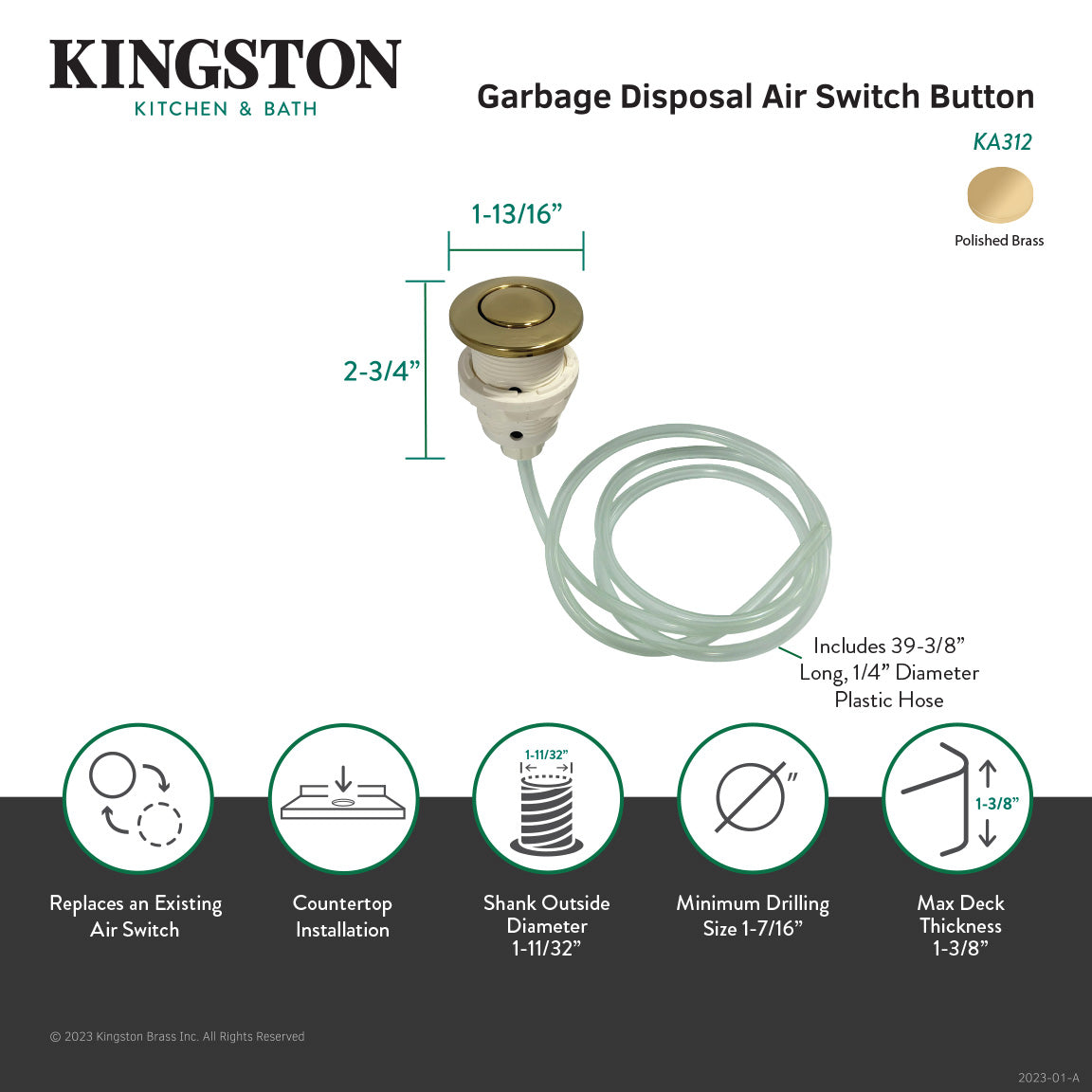 Trimscape KA312 Garbage Disposal Air Switch Button, Polished Brass