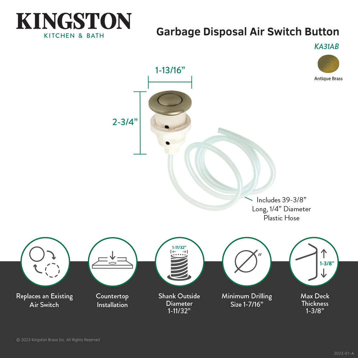 Trimscape KA31AB Garbage Disposal Air Switch Button, Antique Brass