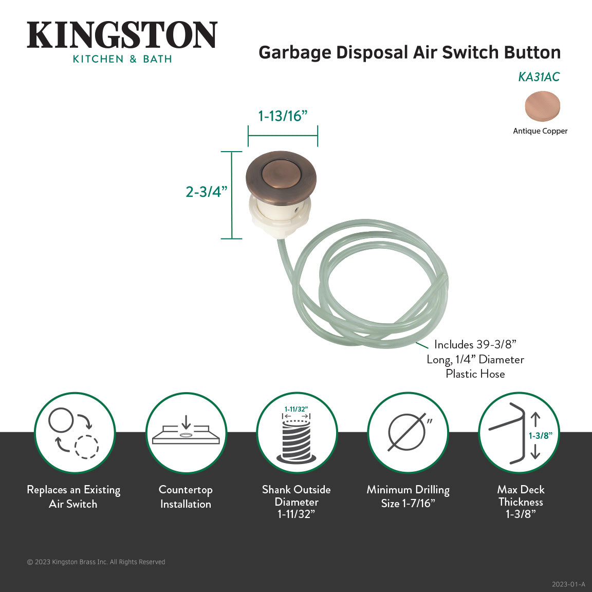 Trimscape KA31AC Garbage Disposal Air Switch Button, Antique Copper