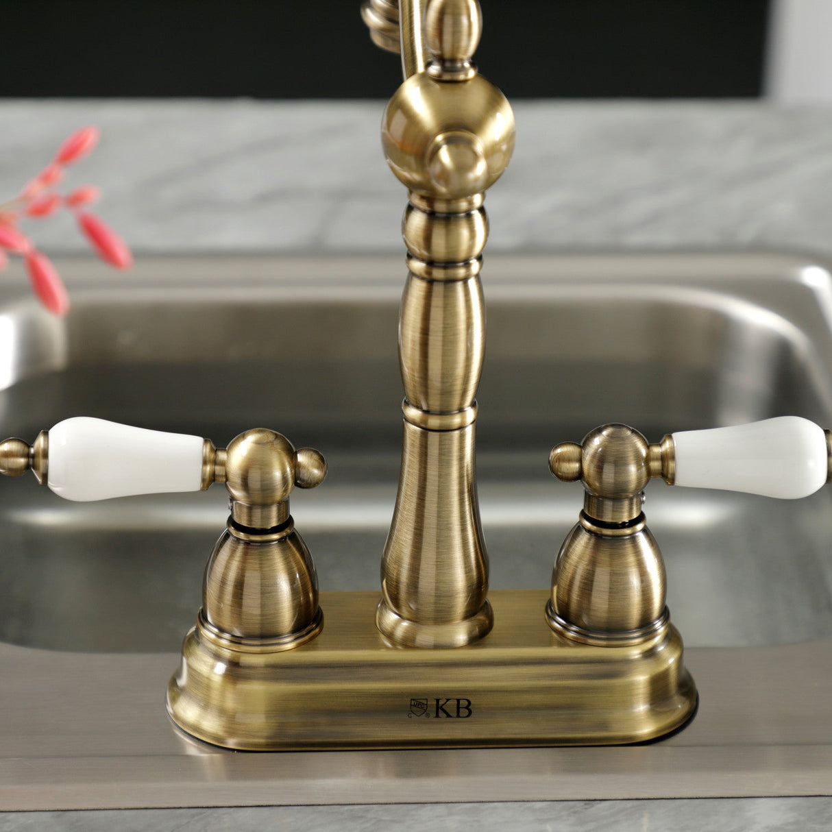 Heritage KB1493PL Two-Handle 2-Hole Deck Mount Bar Faucet, Antique Brass