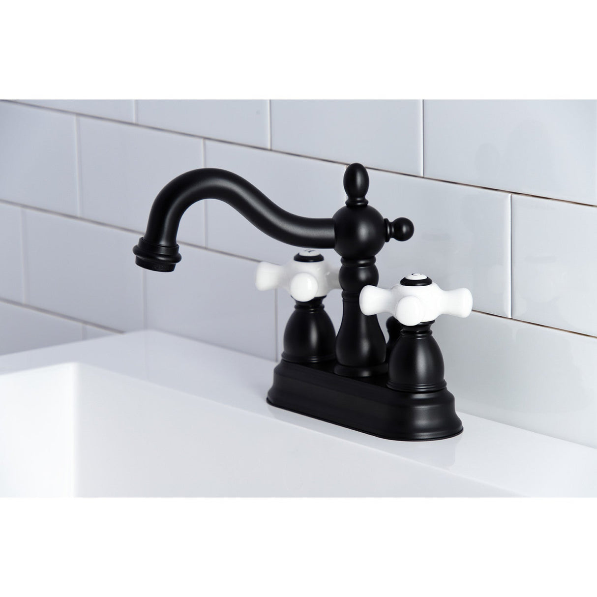 Heritage KB1600PX Two-Handle 3-Hole Deck Mount 4" Centerset Bathroom Faucet with Plastic Pop-Up, Matte Black