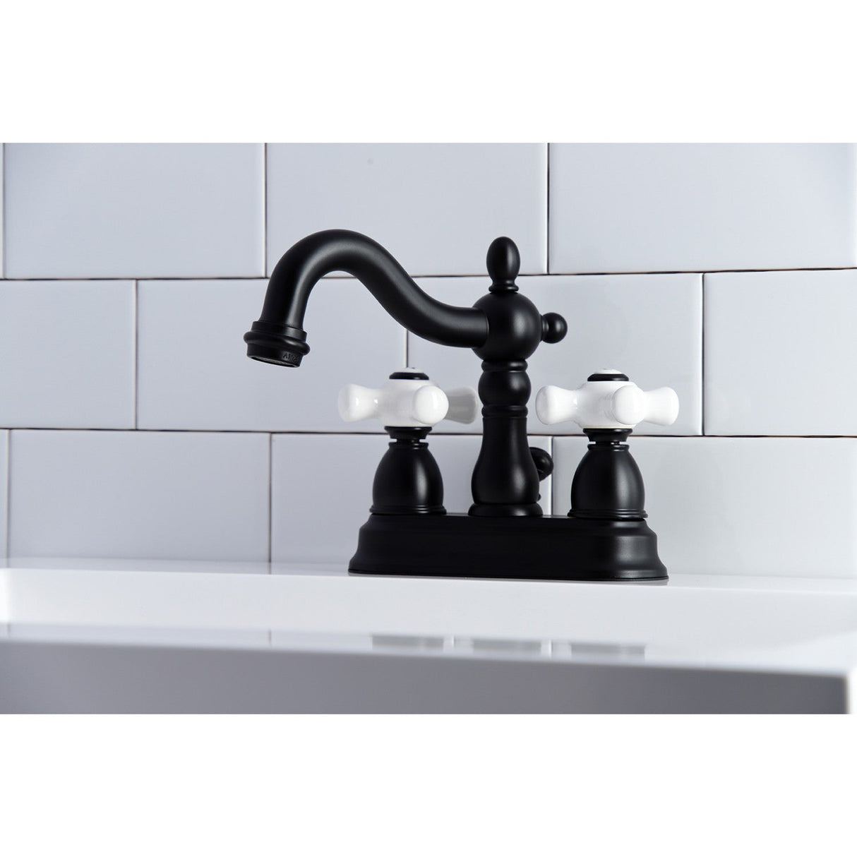 Heritage KB1600PX Two-Handle 3-Hole Deck Mount 4" Centerset Bathroom Faucet with Plastic Pop-Up, Matte Black